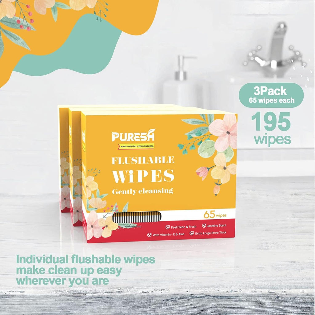 Buy now Flushable Butt Wipes Individually Wrapped Feminine Wipes for Women & Adults with Jasmine Scent, Vitamin-E & Aloe for at-Home Use (65 Count, pack of 3) at indiglob india