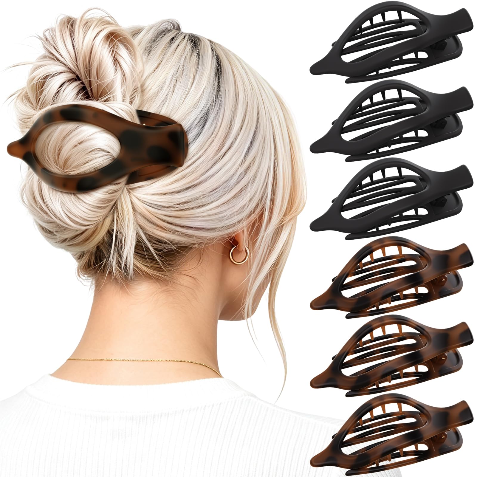 4 PCS Large Flat Hair Clips for Women Girls, French Concord Lay Down Claw Clips for Thick Thin Hair, Comfortable Curved Flat Clip, Leopard Print Stylish Strong Hold Hair Accessories, Tortoise