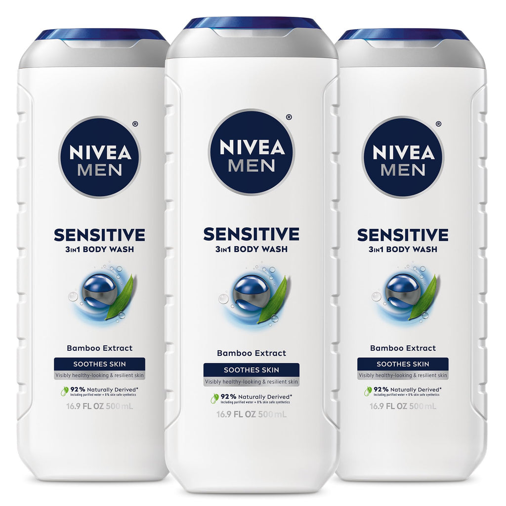 Nivea Men Sensitive Body Wash with Bamboo Extract, Moisturizing Body Wash for Sensitive Skin, Soap Free Shower Gel for Men with No Drying Alcohol, 30 Fl Oz Bottle (Pack of 2)