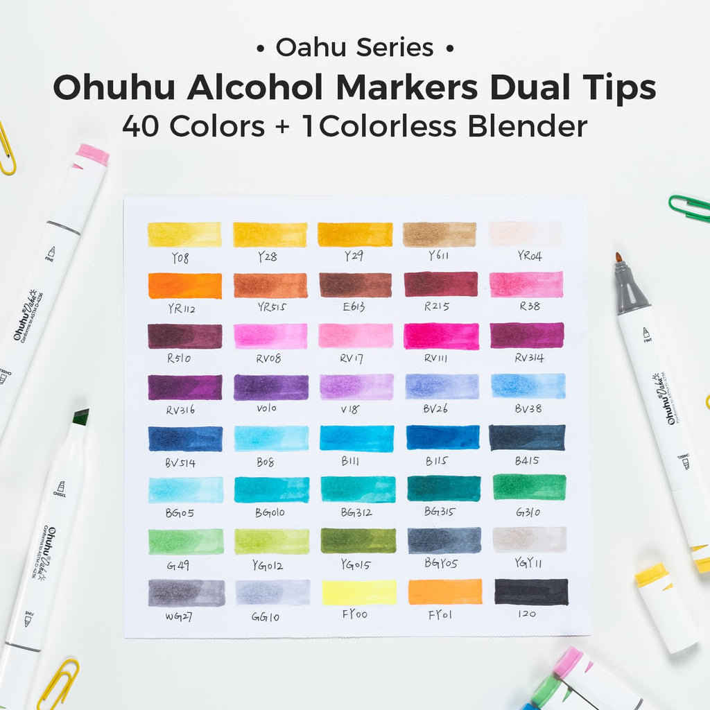 Ohuhu Alcohol Markers 40 Colors Chisel Fine AP Certified for Adult Coloring
