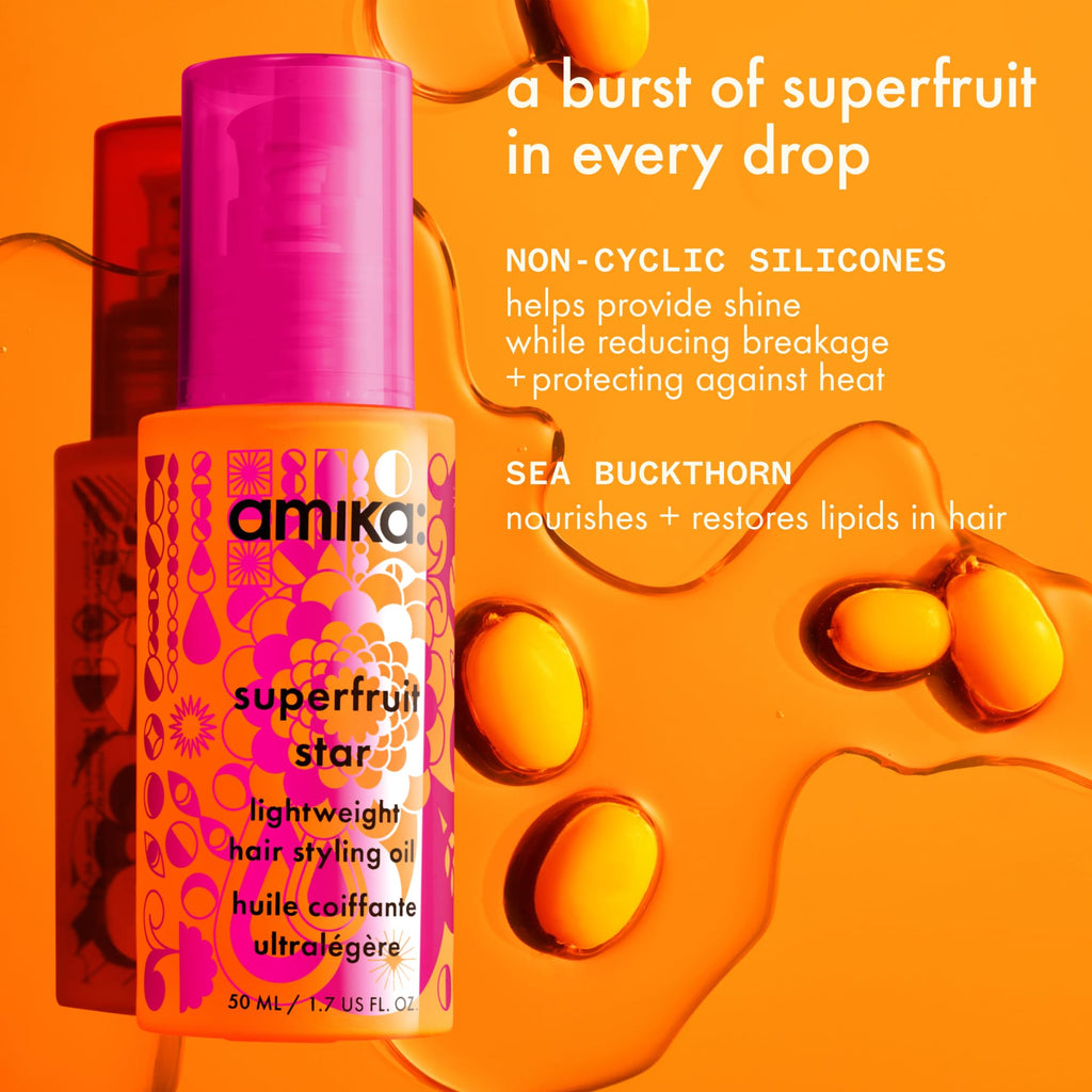 amika superfruit star lightweight hair styling + heat defense oil | heat protection, strengthen + reduce breakage, smooth frizz, add glossy shine | for all hair types