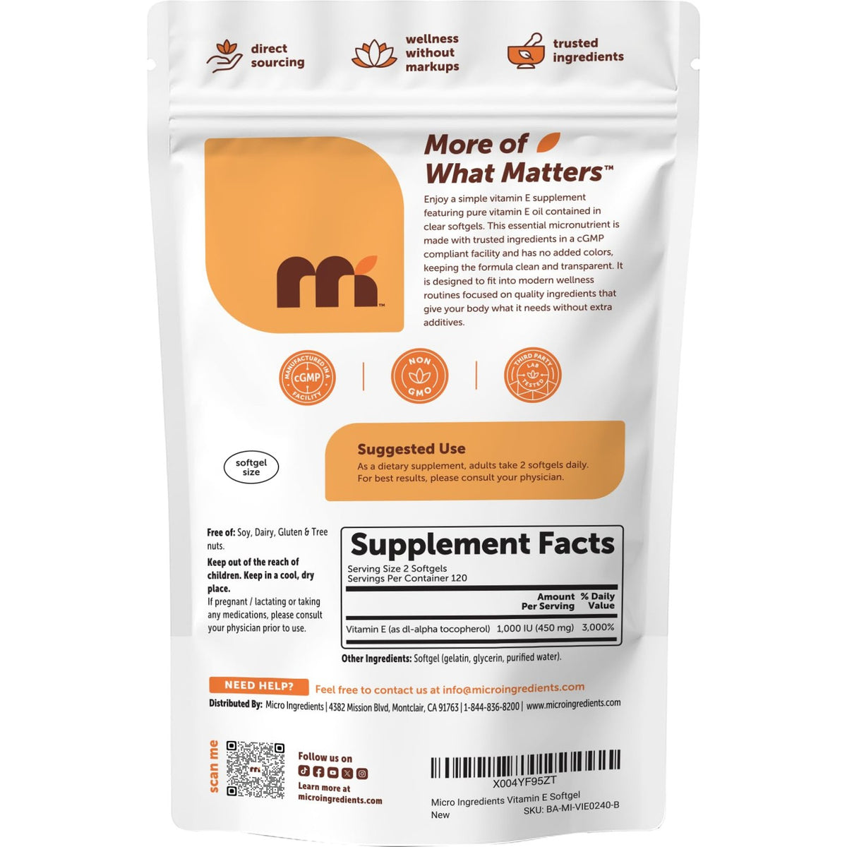Micro Ingredients Vitamin E 1000 IU (450 mg) Per Serving, 240 Softgels | Daily Vitamin E Supplement | 4-Month Supply | Non-GMO, Gluten Free