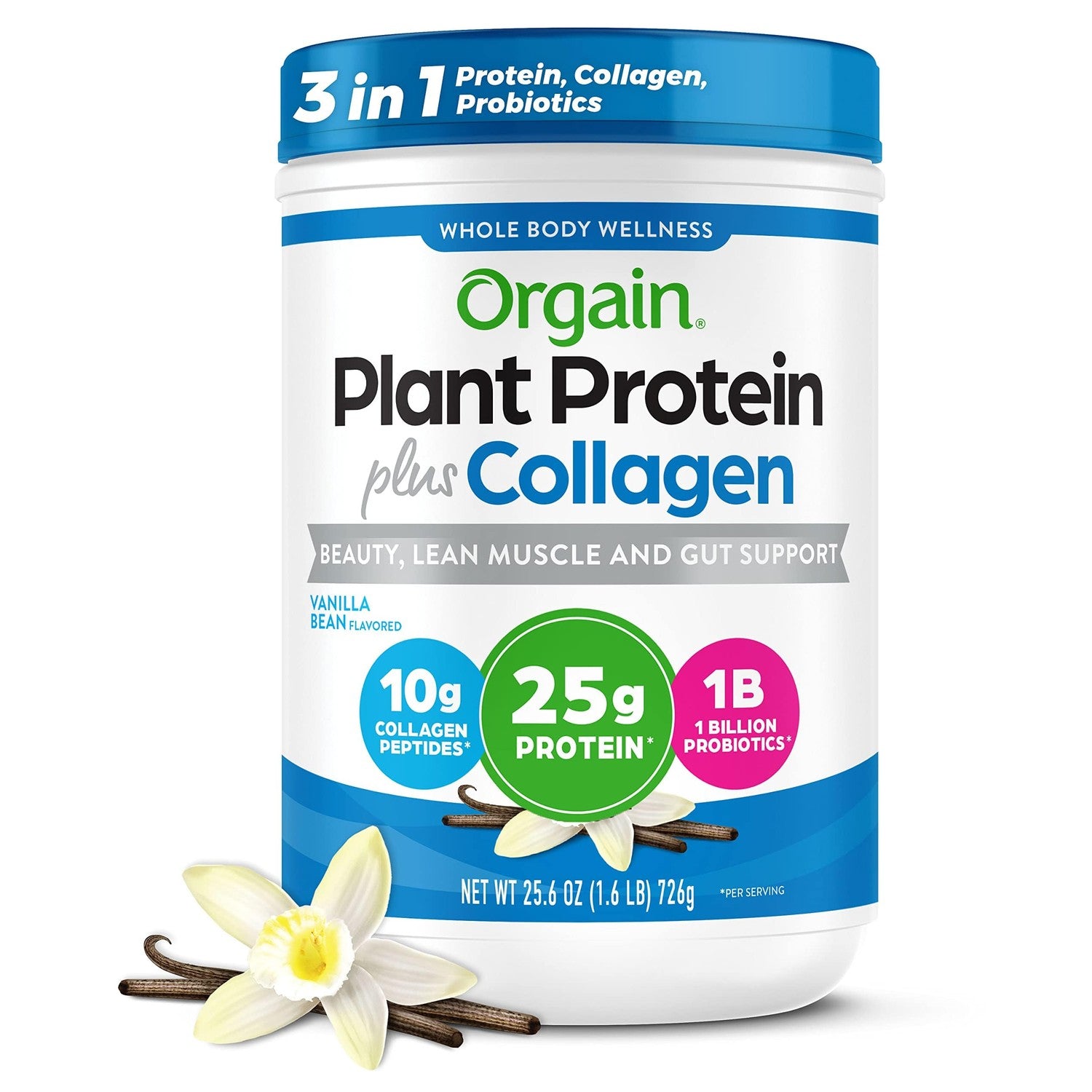 Orgain Organic 25g Protein + 10g Collagen Powder, Vanilla Bean, 1.6lb | Plant based protein with collagen peptides type I & III, 1B CFU probiotics, supports hair, skin, nails, joints & gut health