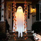 4.4 FT Swinging Ghost Halloween Decor - Outdoor Indoor Halloween Decorations with Ghost on A Swing for Outside Garden Yard Porch Tree, Hanging Large Spooky Cute Ghosts with String Lights for Party