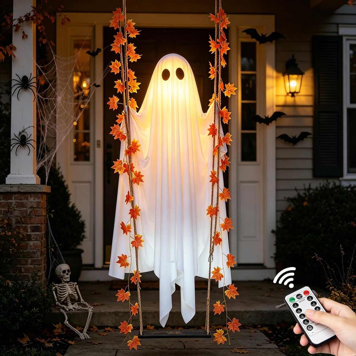 4.4 FT Swinging Ghost Halloween Decor - Outdoor Indoor Halloween Decorations with Ghost on A Swing for Outside Garden Yard Porch Tree, Hanging Large Spooky Cute Ghosts with String Lights for Party