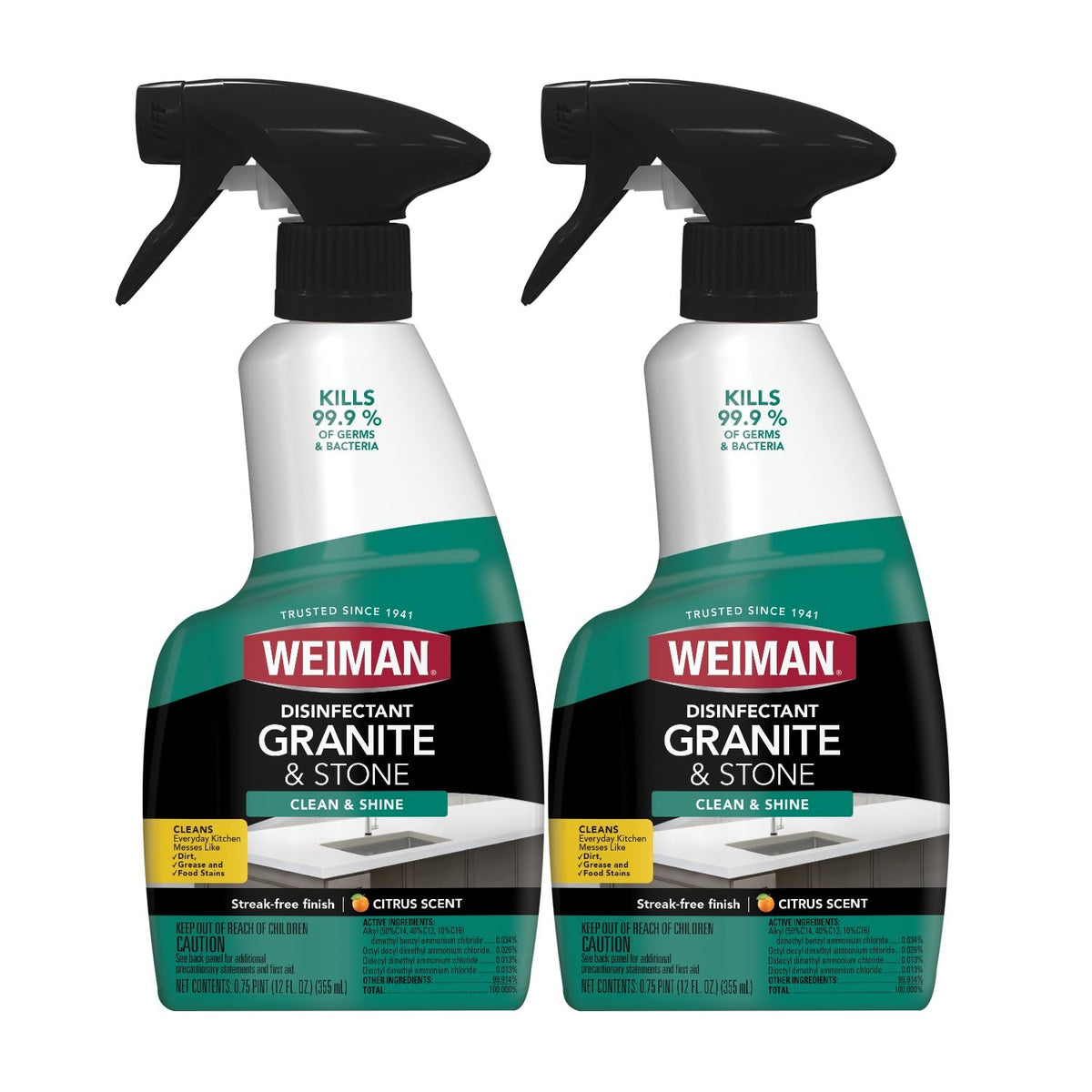 Weiman Disinfectant Granite Daily Clean & Shine - 12 fl oz (2 Pack) Safely Clean Disinfect and Shine Granite Marble Soapstone Quartz Quartzite Slate Limestone Corian Laminate Tile Countertop