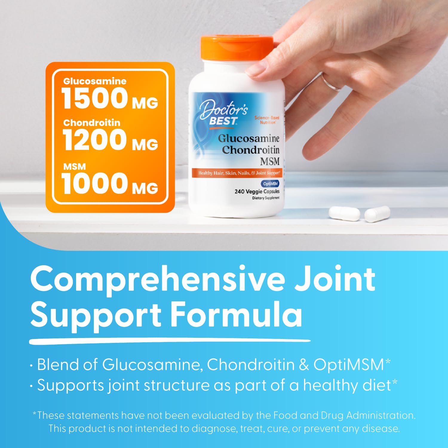 Doctor's BEST Glucosamine Chondroitin MSM - Joint Health Support Supplement for Women & Men, Nutritional Support for Joint Strength, Hair, Skin, & Nails, Gluten Free, Non GMO - 240 Capsules