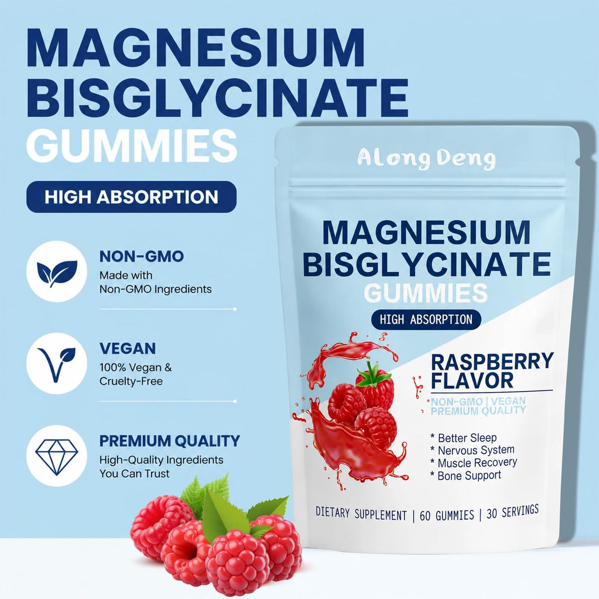 Magnesium Bisglycinate Gummies, with 500mg Magnesium Bisglycinate Chelate Sea Salt Raspberry Fruit Powder, Improve Sleep & Nervous, Relax Muscles, Strengthen Bones, Vegan, 60 Count