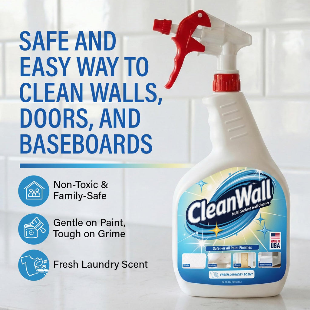 CleanWall Wall, Door & Baseboard Cleaner Spray – 32 oz Multi-Surface Formula Safe for Painted Walls – Made in USA – Family-Friendly – Tackles Everyday Kid Messes like Handprints, Smudges & Crayon