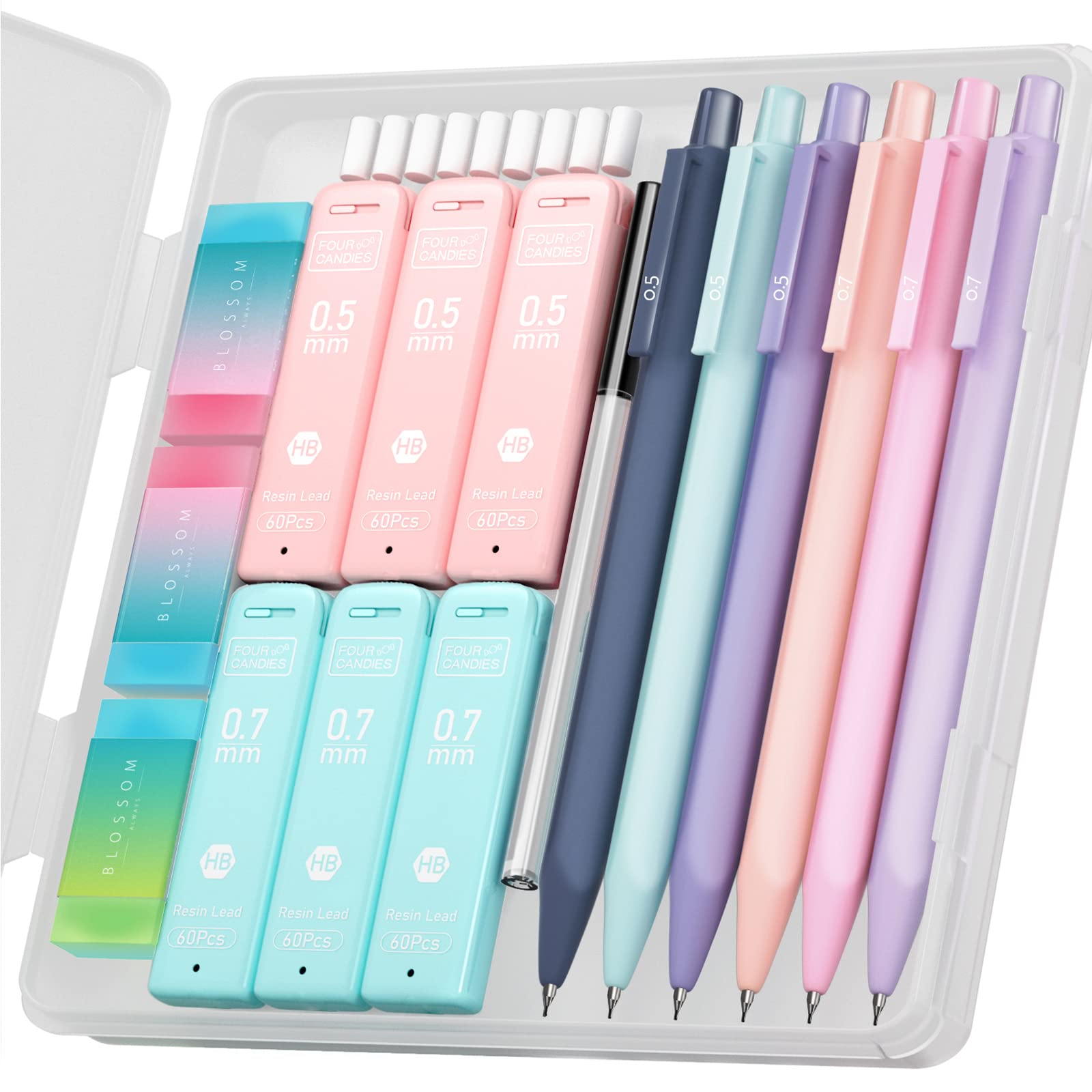 Buy now Four Candies Cute Mechanical Pencil Set, 6PCS Pastel Mechanical Pencils 0.5 & 0.7mm with 360PCS HB Leads, 3PCS Erasers and 9PCS Eraser Refills, Aesthetic School Supplies for Girls Writing 0.5mm + 0.7mm at indiglob india