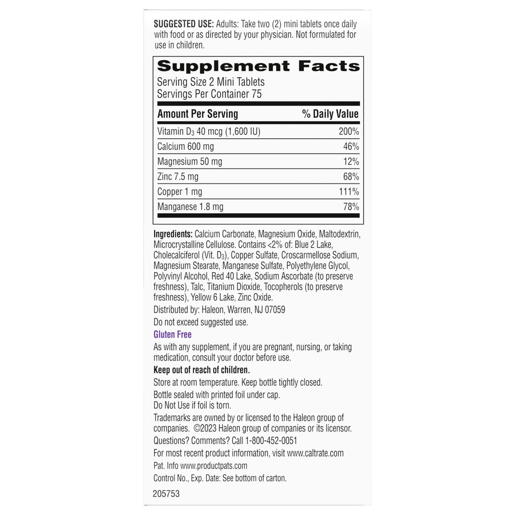 Caltrate Minis 600 Plus D3 Vitamin D and Calcium Supplement Tablets, 150 Ct | Highest Level of Vitamin D3, Maximizes Calcium Absorption to Support Strong Bones and Daily Function