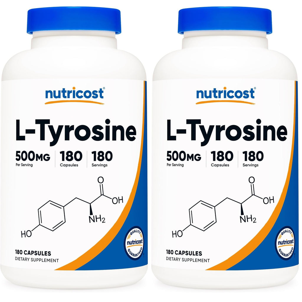 Nutricost L-Tyrosine Supplement 500mg, 180 Capsules, Gluten-Free, GMO-Free