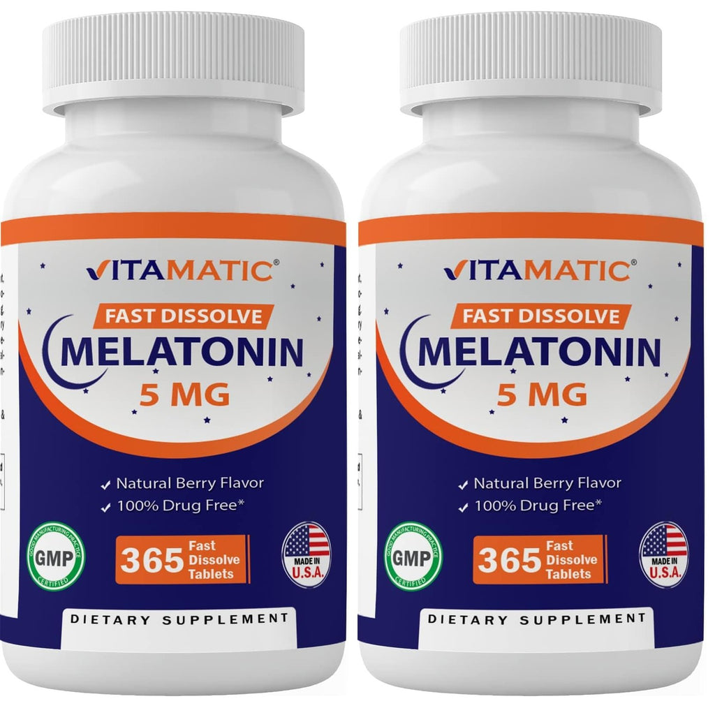 Vitamatic Melatonin 5 mg Tablets | Vegetarian, Non-GMO, Gluten Free | 1 Year Supply | Natural Berry Flavor - 365 Tablets
