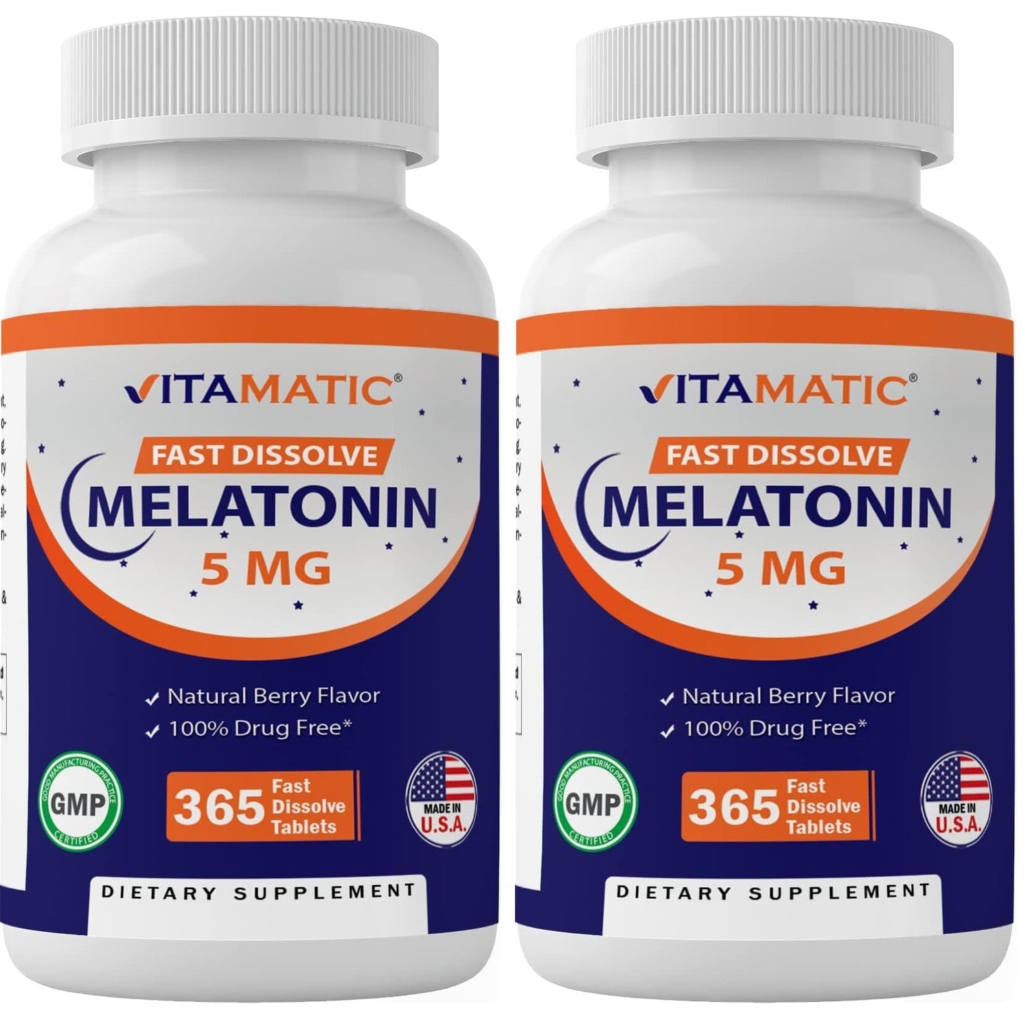 Vitamatic Melatonin 5 mg Tablets | Vegetarian, Non-GMO, Gluten Free | 1 Year Supply | Natural Berry Flavor - 365 Tablets