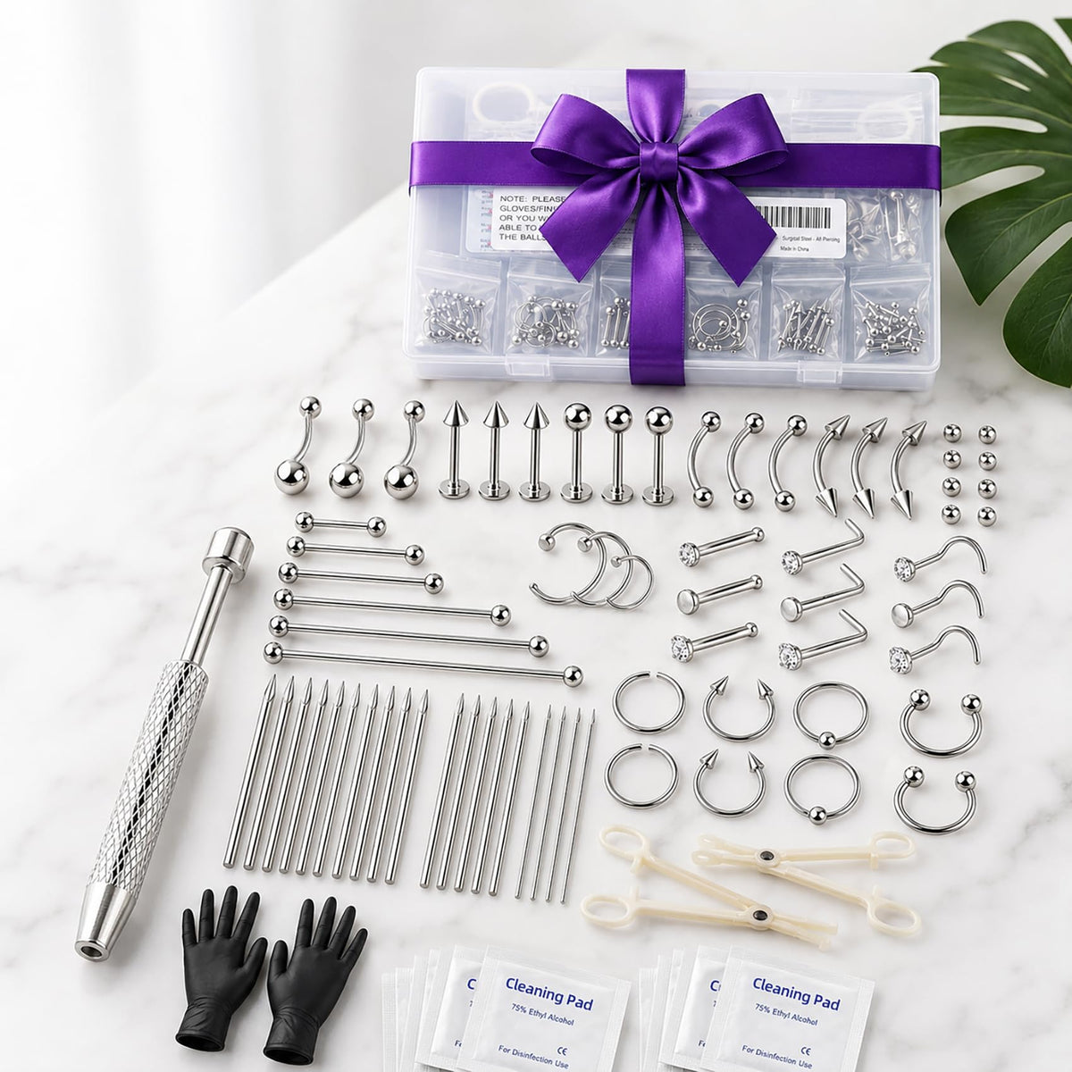 Body Piercing Kit with Piercing Jewelry, Complete 91PCS Set