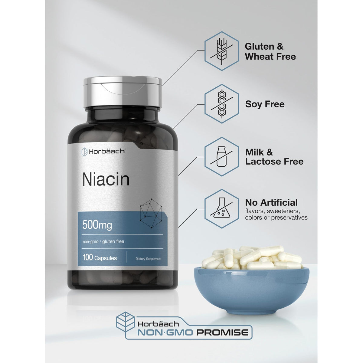 Horbäach Niacin | Vitamin B3 500mg | 100 Capsules | with Flushing