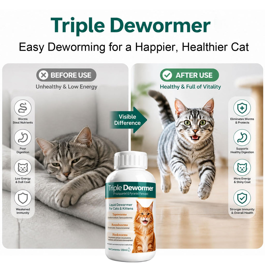 Cat Dewormer Triple Dewormer for All Worms Broad Spectrum Liquid Formula for Tapeworms, Roundworms & Hookworms, 120 mL