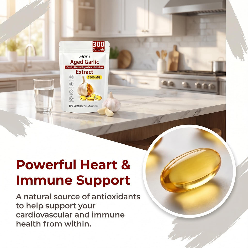 Elare Aged Garlic Extract - Odorless, Organic Garlic Extract Capsules | Heart & Immune Antioxidant Supplements, Vegetarian, All-Natural, Non-GMO, 300 Softgels