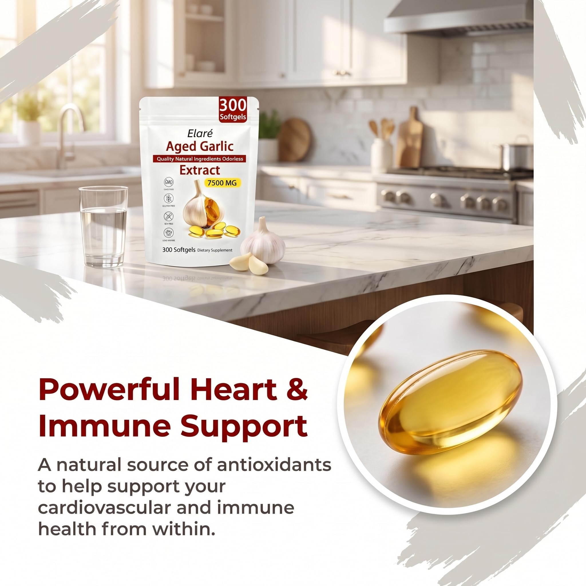 Elare Aged Garlic Extract - Odorless, Organic Garlic Extract Capsules | Heart & Immune Antioxidant Supplements, Vegetarian, All-Natural, Non-GMO, 300 Softgels