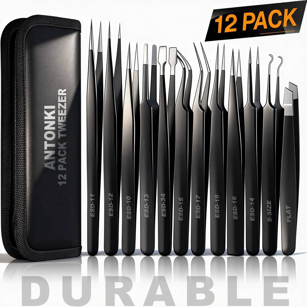 Antonki 12-in-1 Precision Metal Tweezers Set with Leather Case | High Quality, 1.5mm Thick, Strong Hardness, Rustproof, Anti-Static, Tips Cover, Complete Set, Portable Design