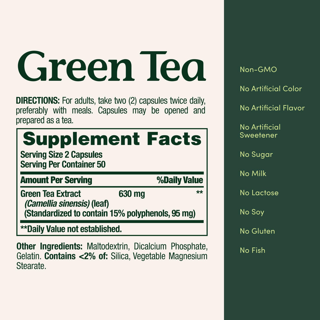 Nature's Bounty Green Tea Pills 315mg, 100 Capsules | Herbal Supplement, Supports Heart and Antioxidant Health