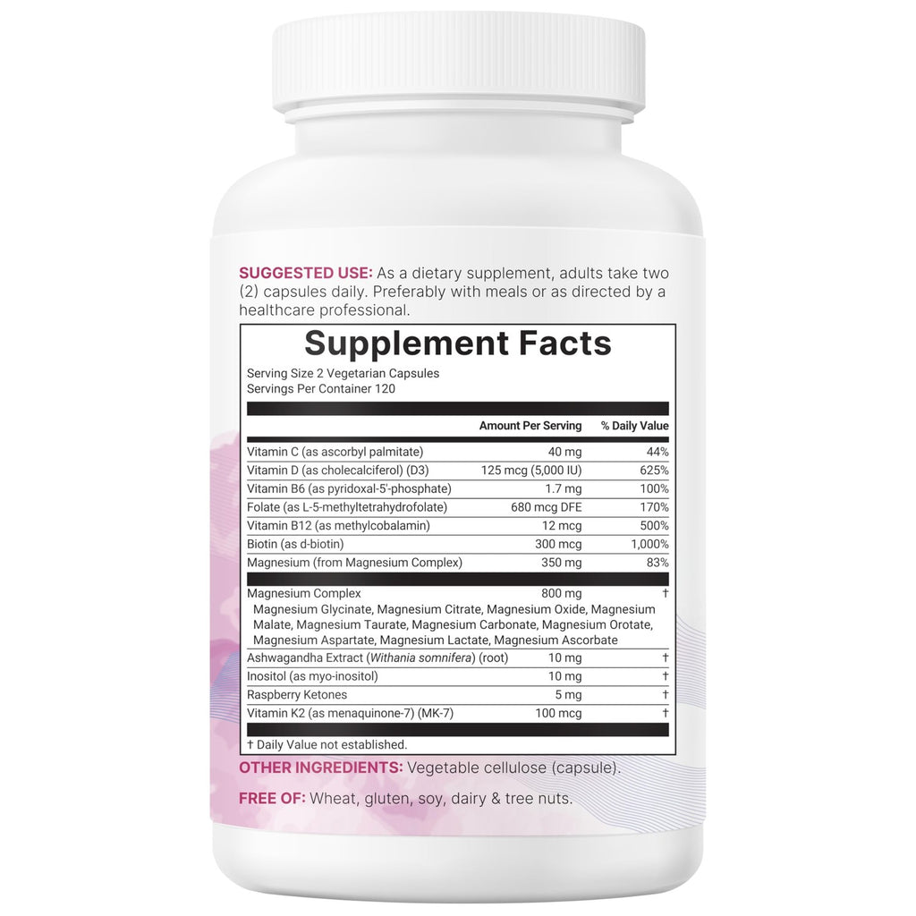 Micro Ingredients Magnesium Complex for Women, 240 Veggie Capsules | 20-in-1 with Glycinate, Citrate & More + D3, K2, Methylated B Complex, Biotin, Inositol & Ashwagandha. Filler Free, Non-GMO.