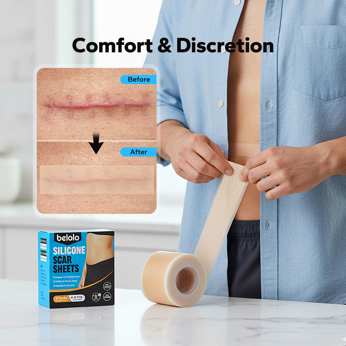 Silicone Scar Sheets (1.6" x 60" Roll - 1.5M), Silicone Scar Tape, Silicone Scar Sheets for Surgical Scars, Keloids & C-Section Scars, Reusable & Washable Scar Patches for Face & Body