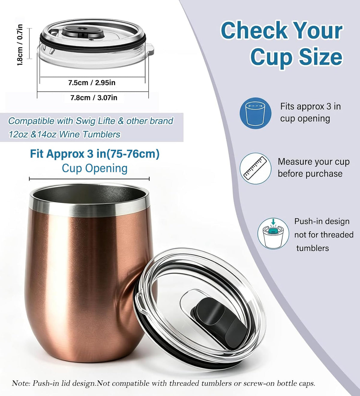3 Inch Tumbler Lid Replacement Compatible with Swig 12oz / 14oz Wine Tumbler & Other Tumbler with Approx. 3 Inch / 75-76 mm Cup Opening - Spill Proof Clear Lid for Stemless Wine Cup