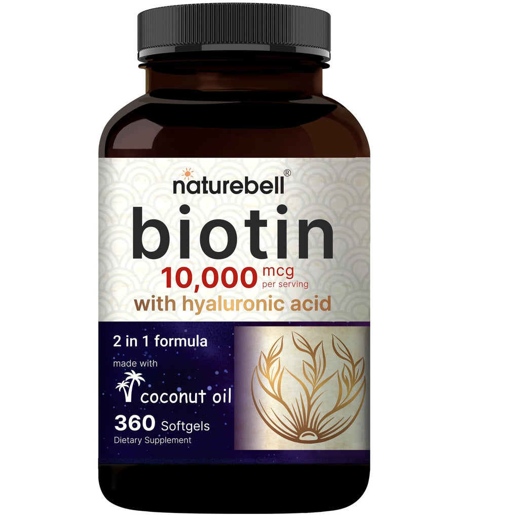 NatureBell Biotin 10000mcg + Hyaluronic Acid 25mg | 360 Coconut Oil Softgels, Premium Biotin Supplement for Hair Skin and Nails*