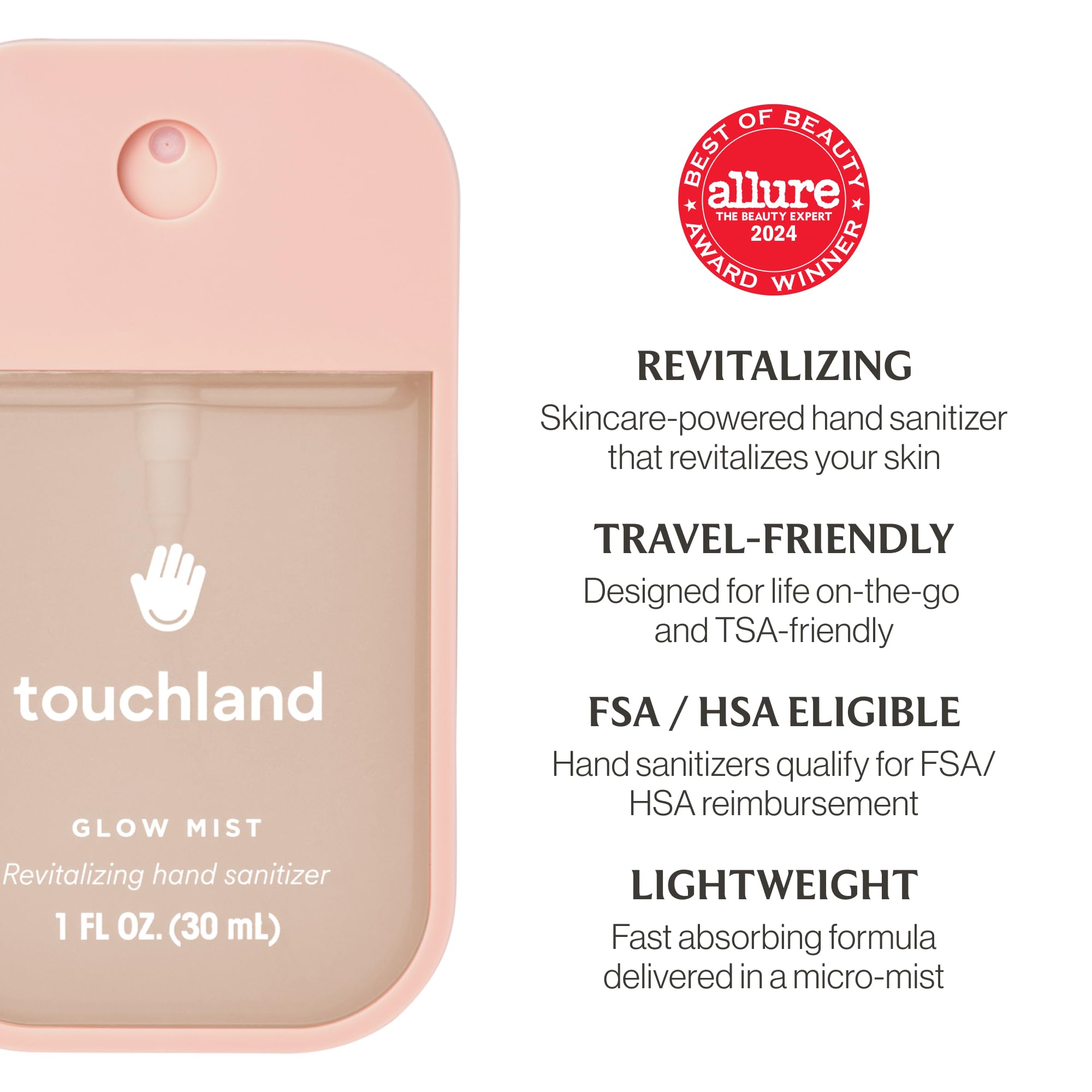 Touchland Glow Revitalizing Hydrating Hand Sanitizer Spray Travel Size | TSA ready Power Mist with skincare benefits. Soft and delicate classic floral scent for visibly restored youthful glow