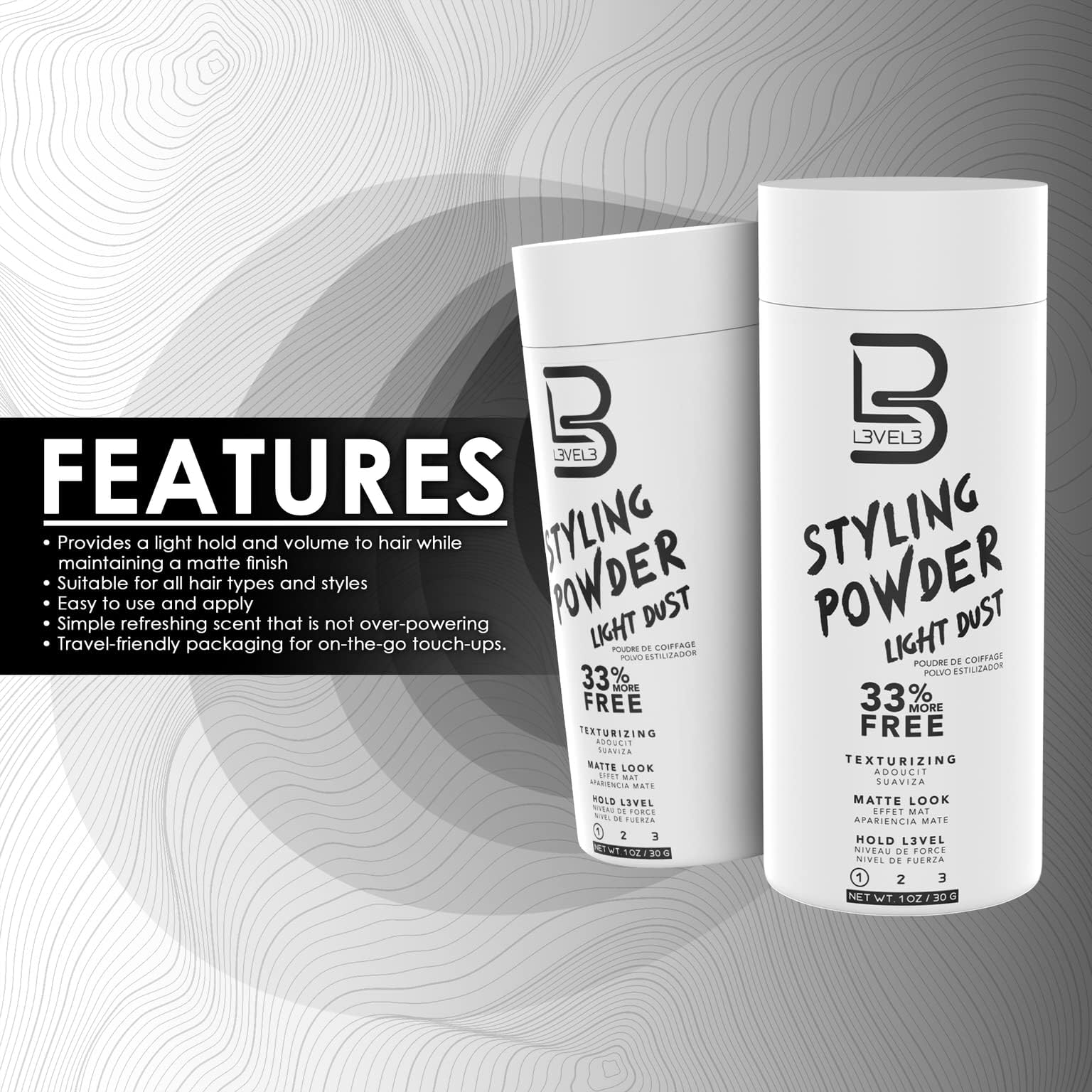 L3 Level 3 Light Hold Styling Powder, Matte Finish for Men, 30 g | Hair texture powder, hair powder for men, adds volume, lightweight non-greasy feel, buildable light hold