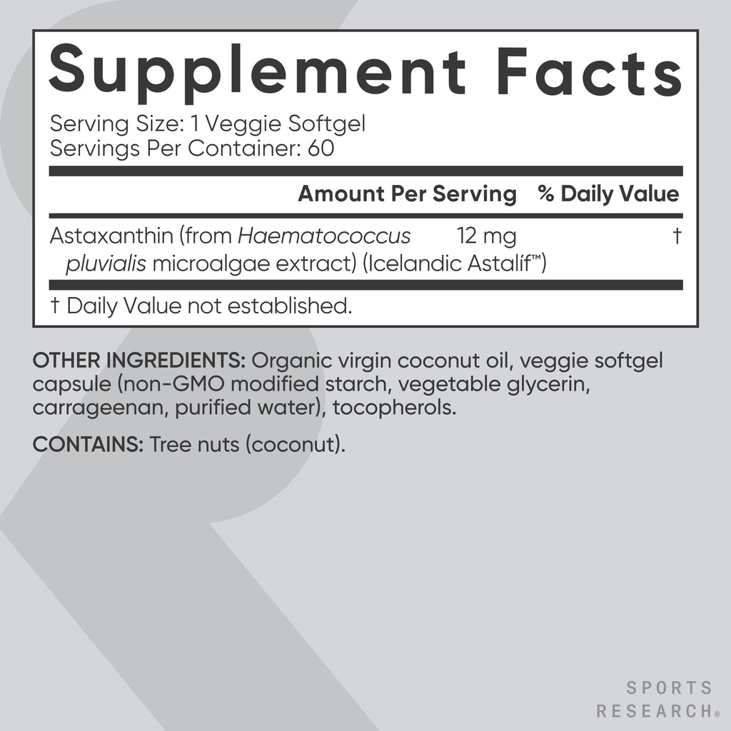 Sports Research® Vegan Astaxanthin 12mg w/Organic Coconut Oil, 60 Count | Plant-Based Antioxidant Supplement for Skin & Eye Health Support | Soy-Free, Non-GMO, Gluten-Free