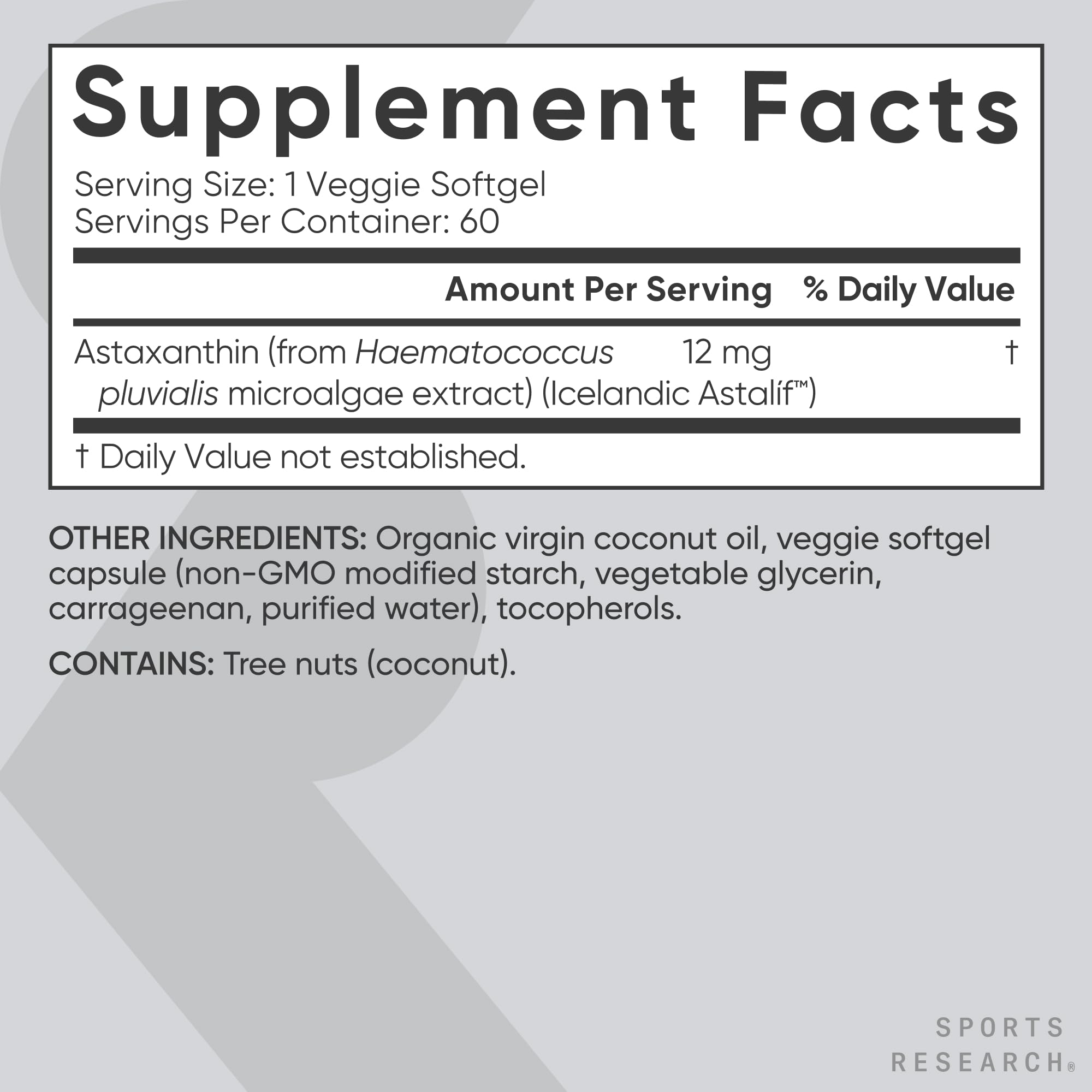 Sports Research® Vegan Astaxanthin 12mg w/Organic Coconut Oil, 60 Count | Plant-Based Antioxidant Supplement for Skin & Eye Health Support | Soy-Free, Non-GMO, Gluten-Free