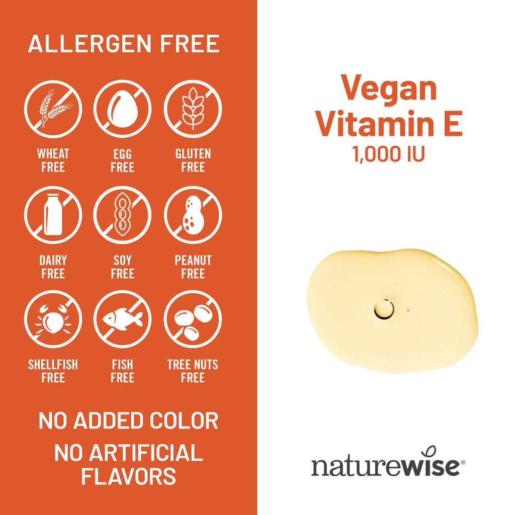NatureWise Vitamin E 1000 IU Softgels (450mg dL-Alpha) - Vegan, Gluten-Free, Soy-Free, Non-GMO Antioxidant Dietary Supplement for Skin, Heart, Eye, and Immune Health Support - 60-Day Supply, 120 Count