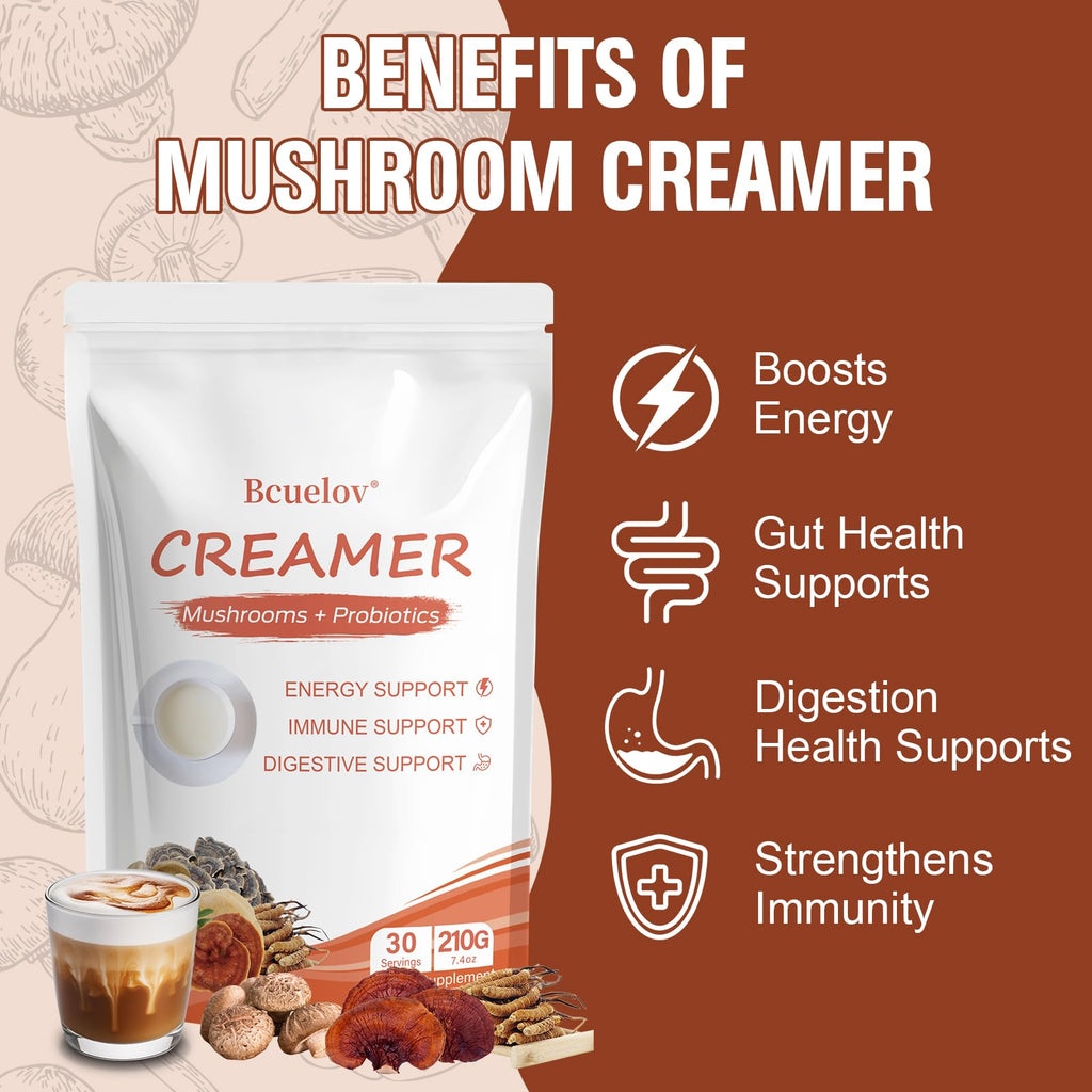 Mushroom Coffee Creamer,Superfood Creamer Powder with 6 Adaptogenic Mushrooms & Probiotics for Energy, Focus, Digestion - 30 Servings