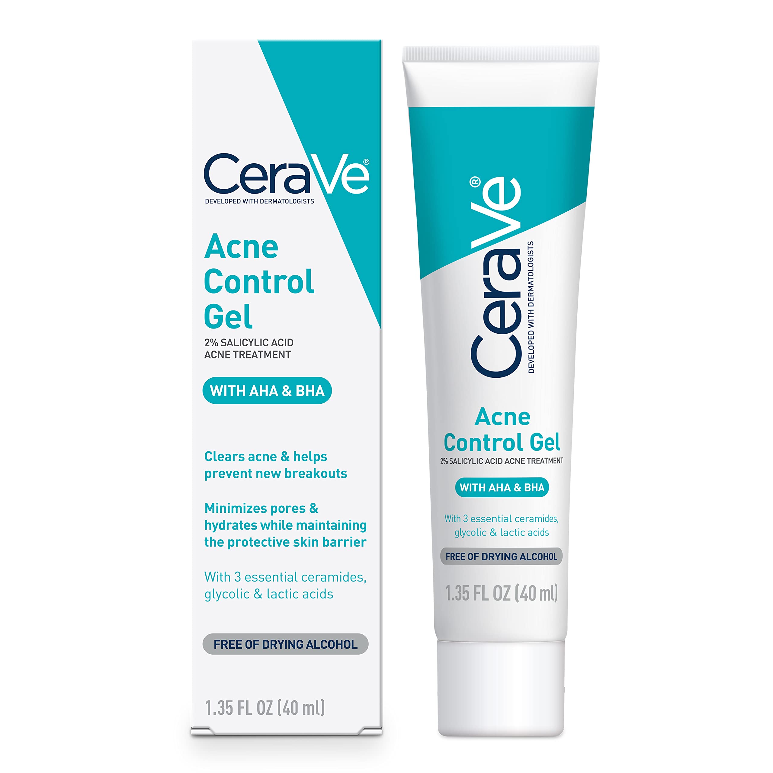 CeraVe Acne Control Gel, Salicylic & Glycolic Acid Face Treatment, 1.35oz | Niacinamide and Lactic Acid Formula Acts As A Face Exfoliator and Pore Minimizer For Face To Clear Stubborn Acne