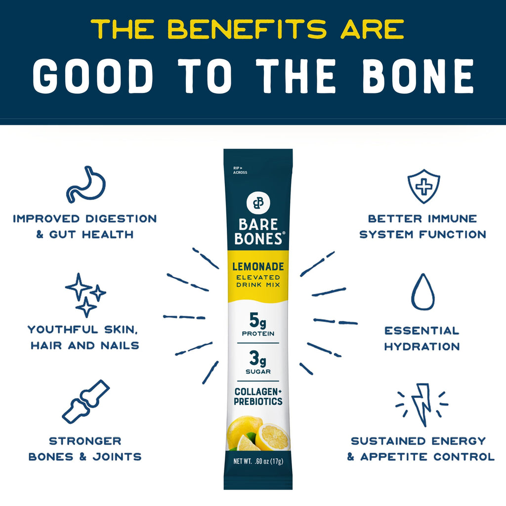 Bare Bones Lemonade Collagen Protein Powder Drink Mix, 16 Stick Packets | 5g Collagen Protein | Prebiotic Collagen Drink Mix for Water | Naturally Sweetened, Light & Flavorful | Gluten & Dairy Free
