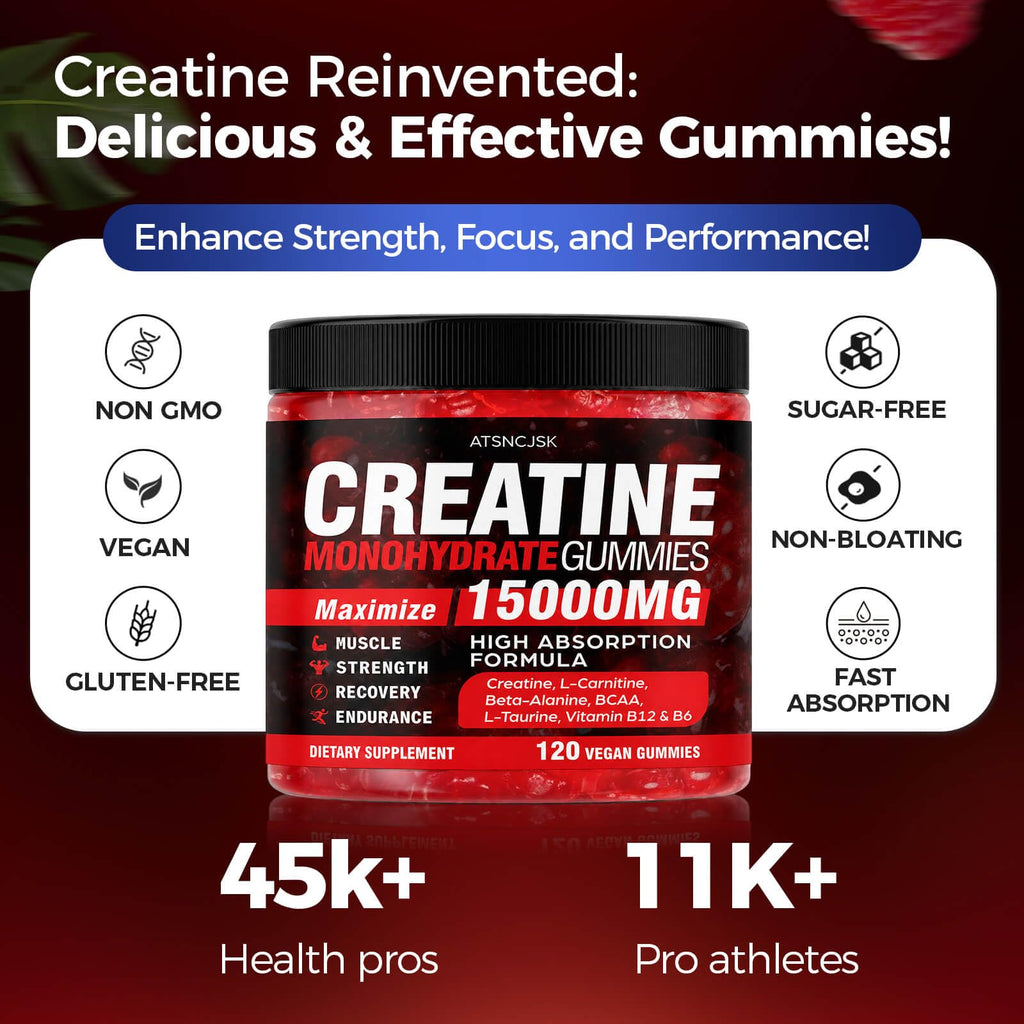 Creatine Gummies Monohydrate Complex, Pre-Workout for Men & Women, Creatine Gummy with L-Taurine, BCAA 2:1, B12/6 for Muscle Support, Enhance Strength, Energy Boost-120 Count
