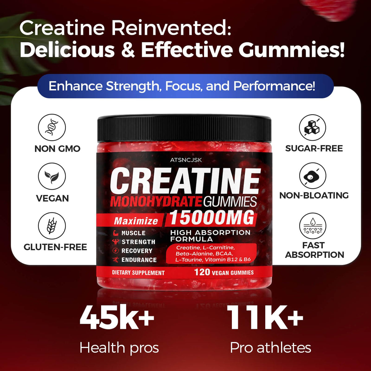 Creatine Gummies Monohydrate Complex, Pre-Workout for Men & Women, Creatine Gummy with L-Taurine, BCAA 2:1, B12/6 for Muscle Support, Enhance Strength, Energy Boost-120 Count