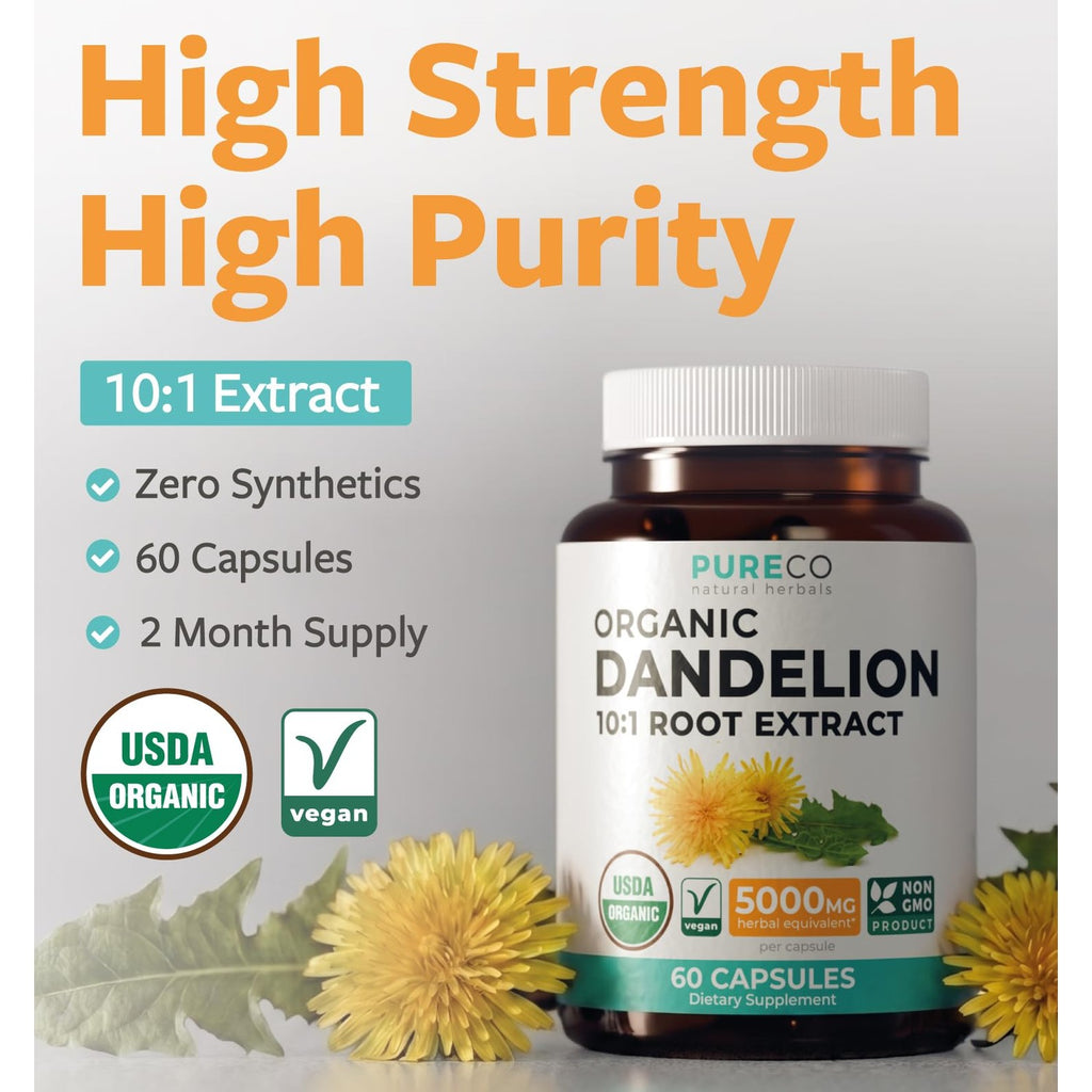 USDA Organic Dandelion Root Extract - High Potency 10:1 Dandelion Root Supplement with 5000mg Herbal Equivalent Strength for Liver Cleanse Detox & Repair Support - Vegan & Non-GMO (2 Month Supply)