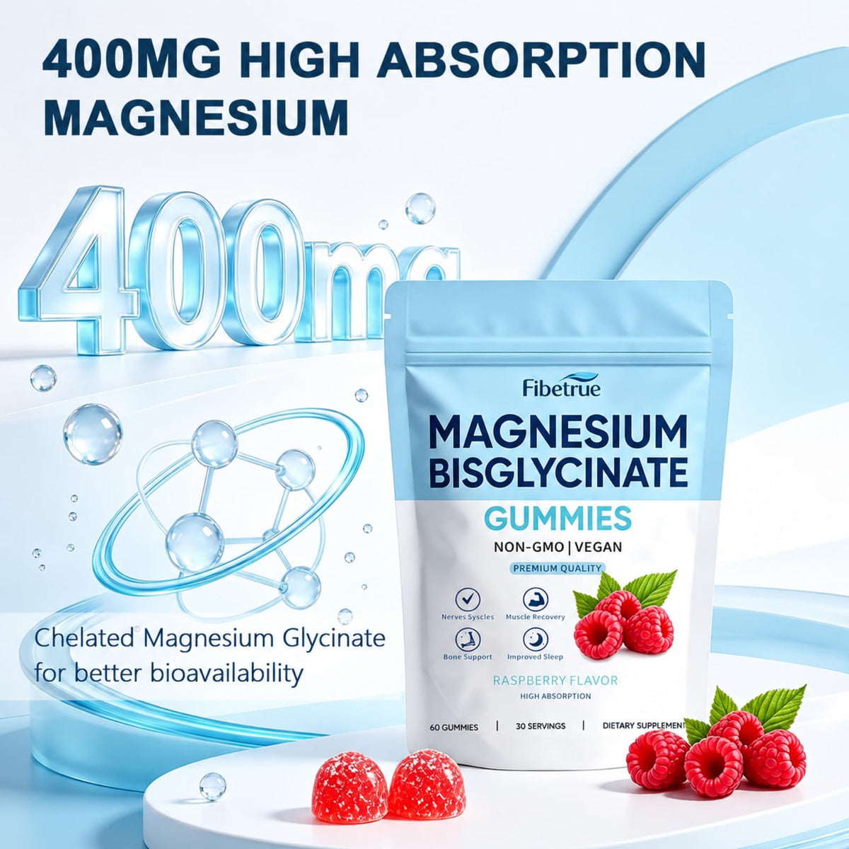 Magnesium Glycinate Gummies 400mg – High Absorption Chelated Magnesium for Sleep, Muscle & Nerve Support – Vegan Raspberry Flavor, 60 Gummies