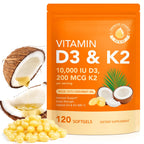 Vitamin D3 K2 Supplement Softgel, Vitamin D3 K2 Softgel with 10000 IU Supports Immune, Heart, Teeth & Bone Health, Free of GMO, Gluten, Soy, 120 Softgels