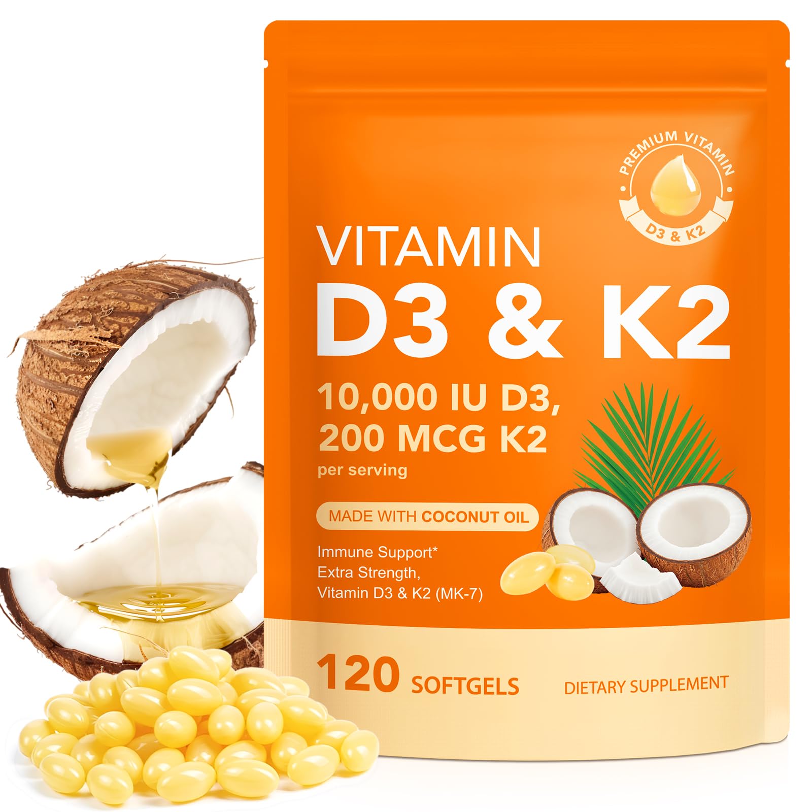 Vitamin D3 K2 Supplement Softgel, Vitamin D3 K2 Softgel with 10000 IU Supports Immune, Heart, Teeth & Bone Health, Free of GMO, Gluten, Soy, 120 Softgels