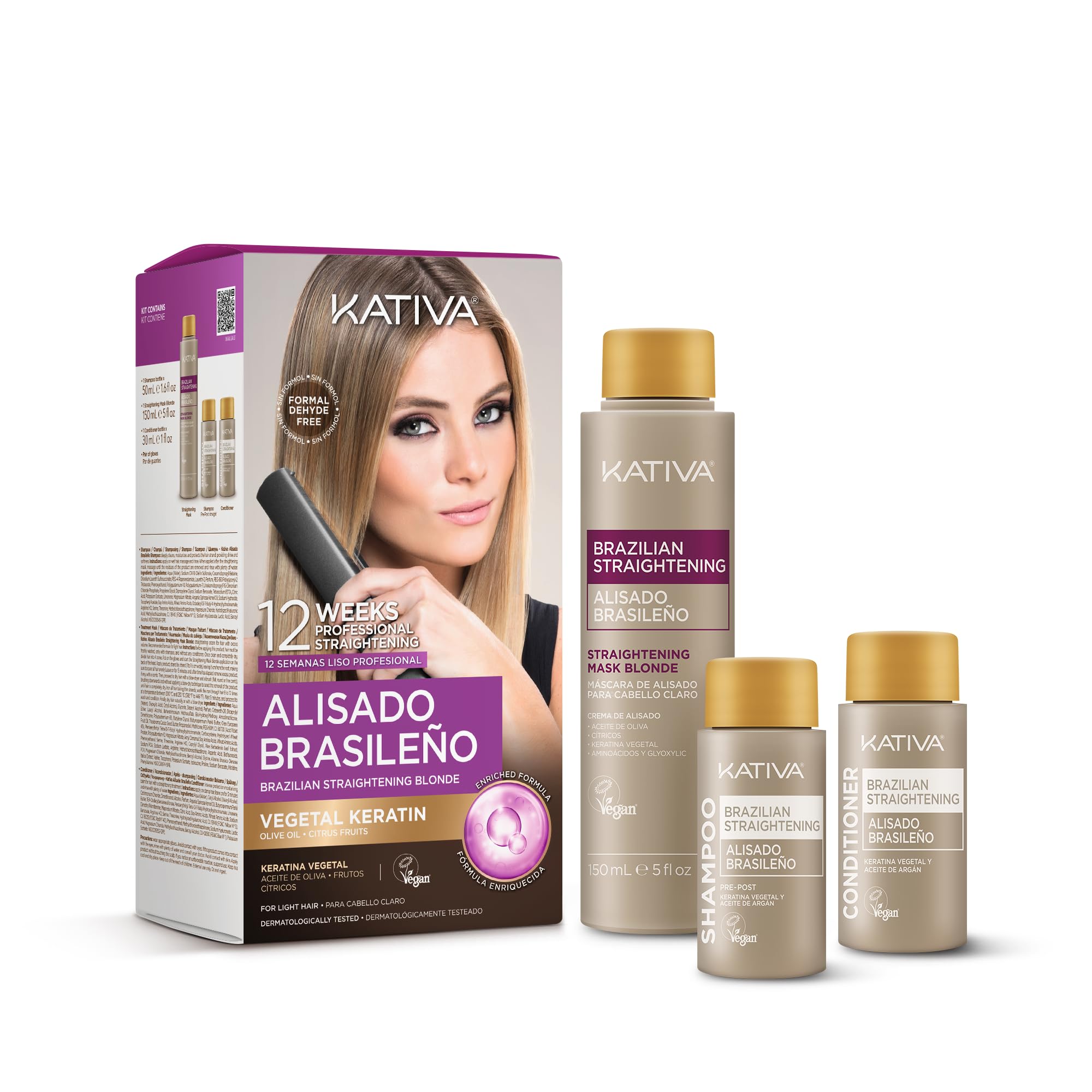 KATIVA Brazilian Keratin Hair Straightening Treatment Blonde, 12 Weeks Smooth Hair at Home, Anti Frizz Smoothing System for Light & Blonde Hair, Formaldehyde Free