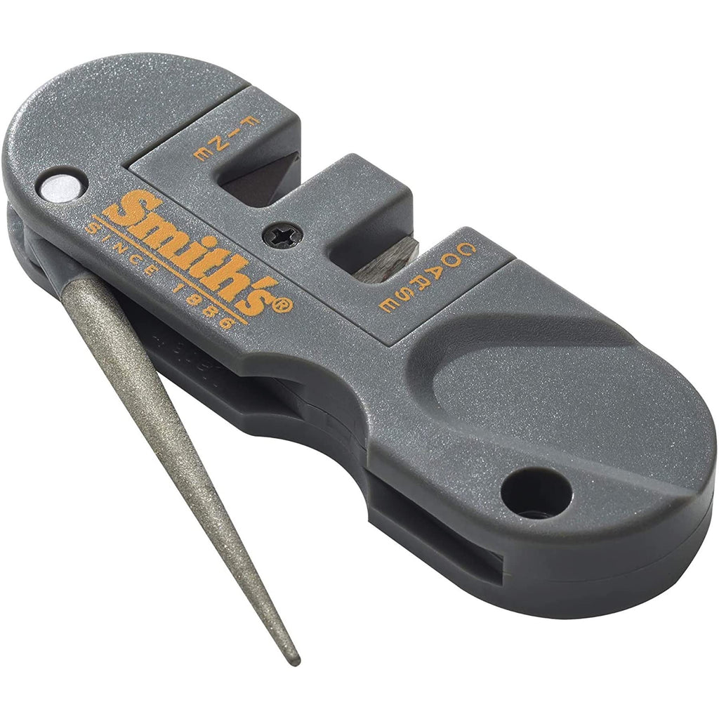 Smith's PP1 Pocket Pal Knife Sharpener Preset Carbide & Ceramic Stone Sharpeners Fold-Out Diamond Coated Rod Outdoor Hunting Knife & Hook Sharpener, Handheld, Compact, Lightweight, Multiuse
