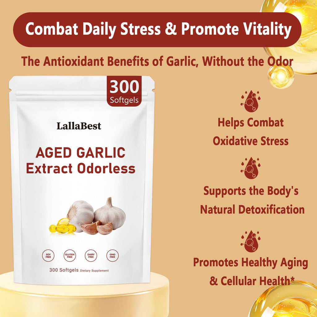 Aged Garlic Extract Capsules | Non-GMO, Gluten-Free | 300 Softgels Odorless Organic Garlic Supplement for Heart & Immune Support | 2 Years Aged Garlic Extract