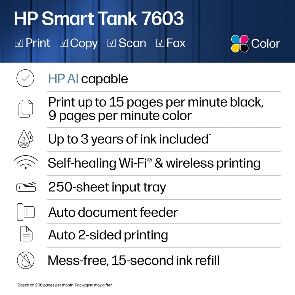 HP Smart Tank 7603 Wireless All-in-One Ink Tank Printer, Scanner, Fax, Copier with up to 3 Years of Ink Included, Best-for-Home Office, Cartridge-Free Refillable, AI-Capable (D34F7A)