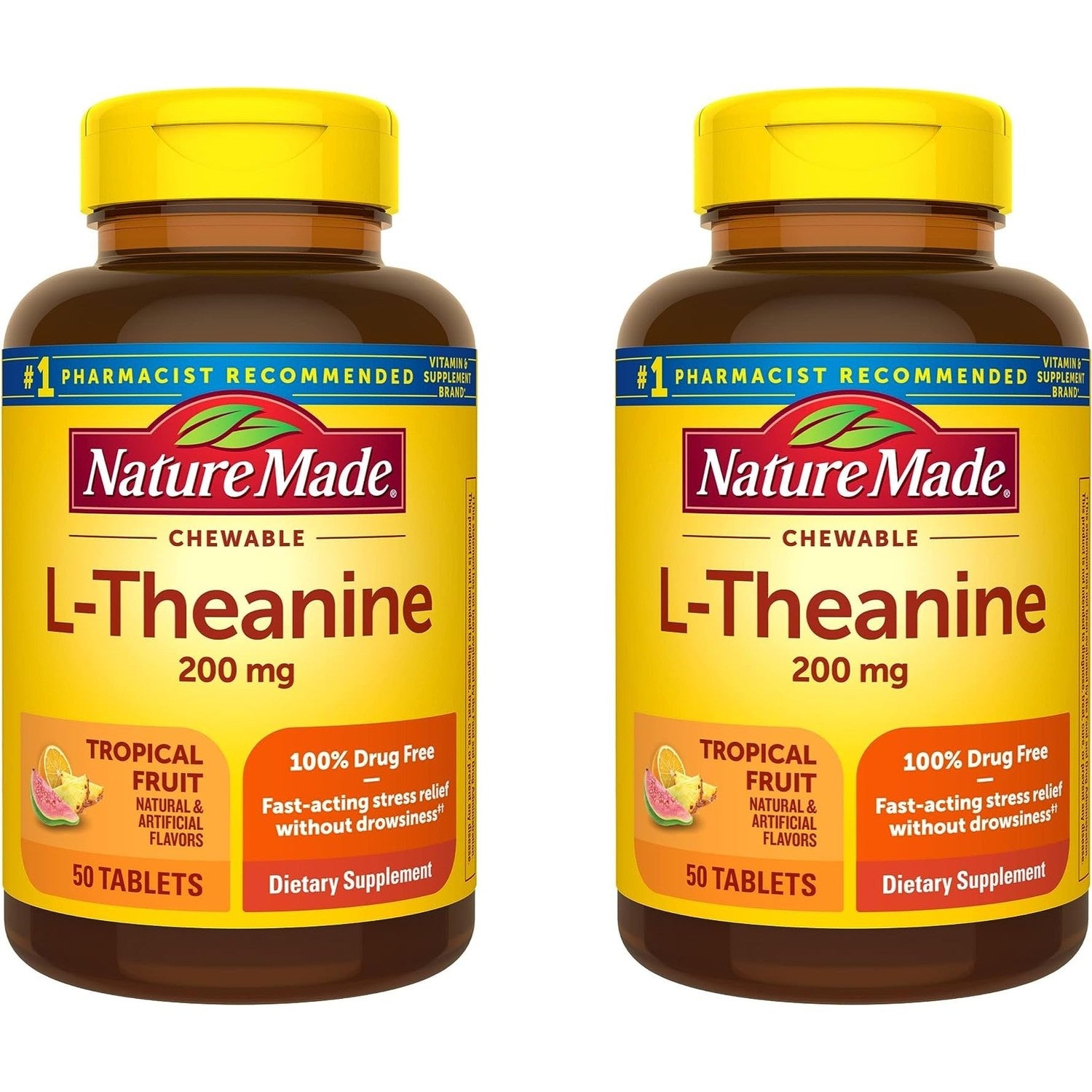 Nature Made Chewable L Theanine 200mg, L-Theanine Supplement for Stress Relief, 50 Chewable Tablets, 50 Day Supply (Pack of 2)