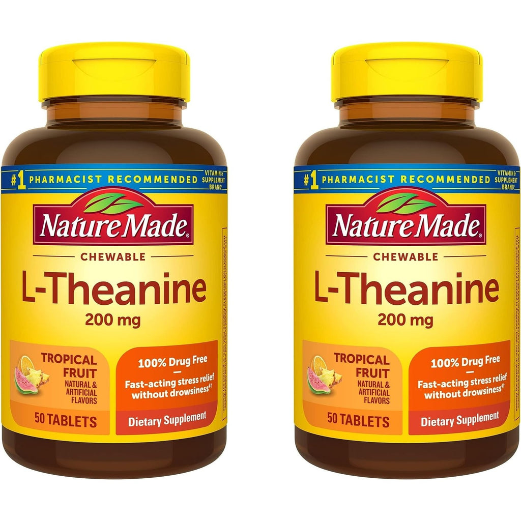 Nature Made Chewable L Theanine 200mg, L-Theanine Supplement for Stress Relief, 50 Chewable Tablets, 50 Day Supply (Pack of 2)