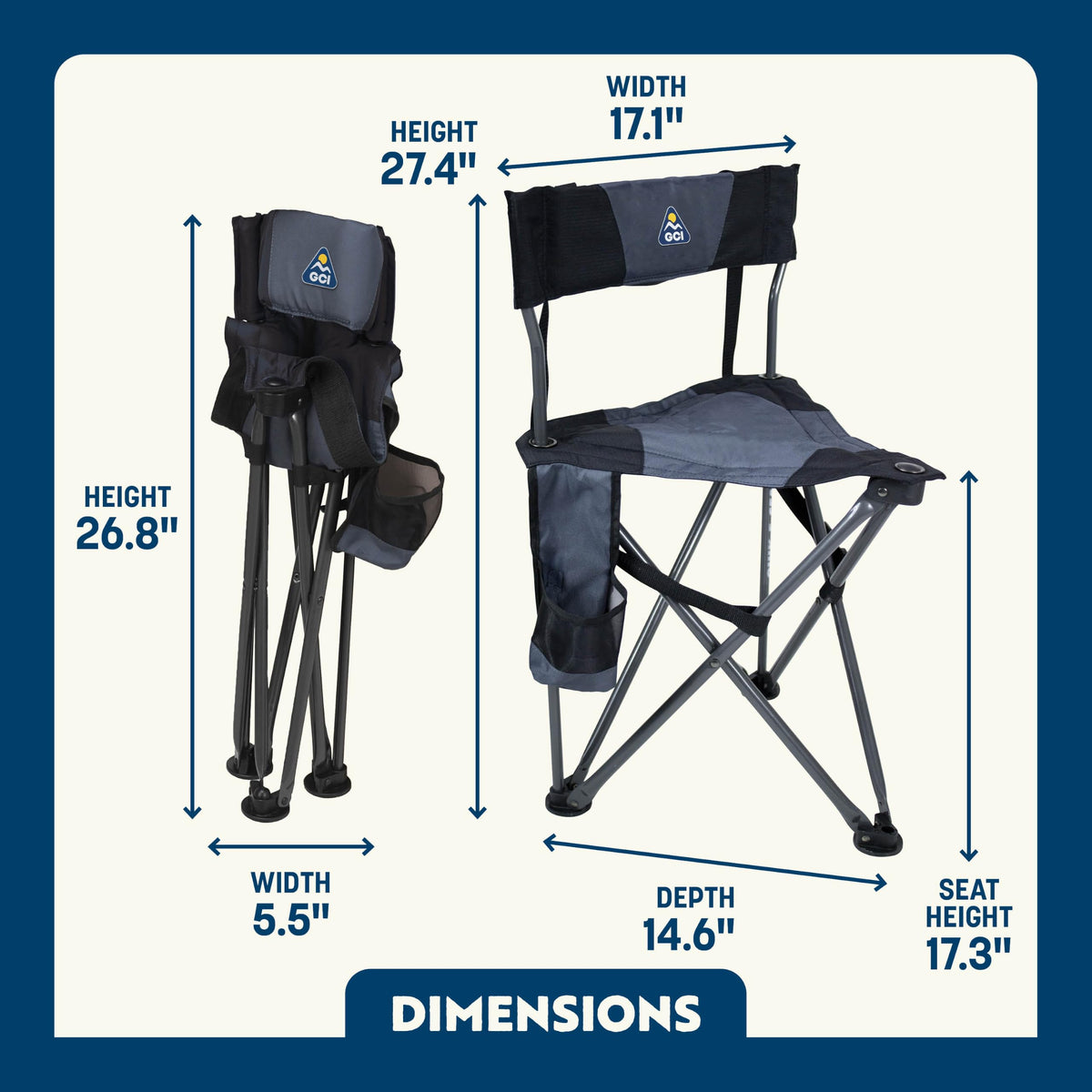 GCI Outdoor Quik-E-Seat | Portable, Folding Tripod Chair with Drink Holder and Padded Lumbar Support — Black